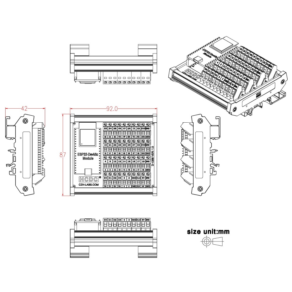 DIN Rail Mount Screw Terminal Block Breakout Module Board for ESP32-DevKitC
