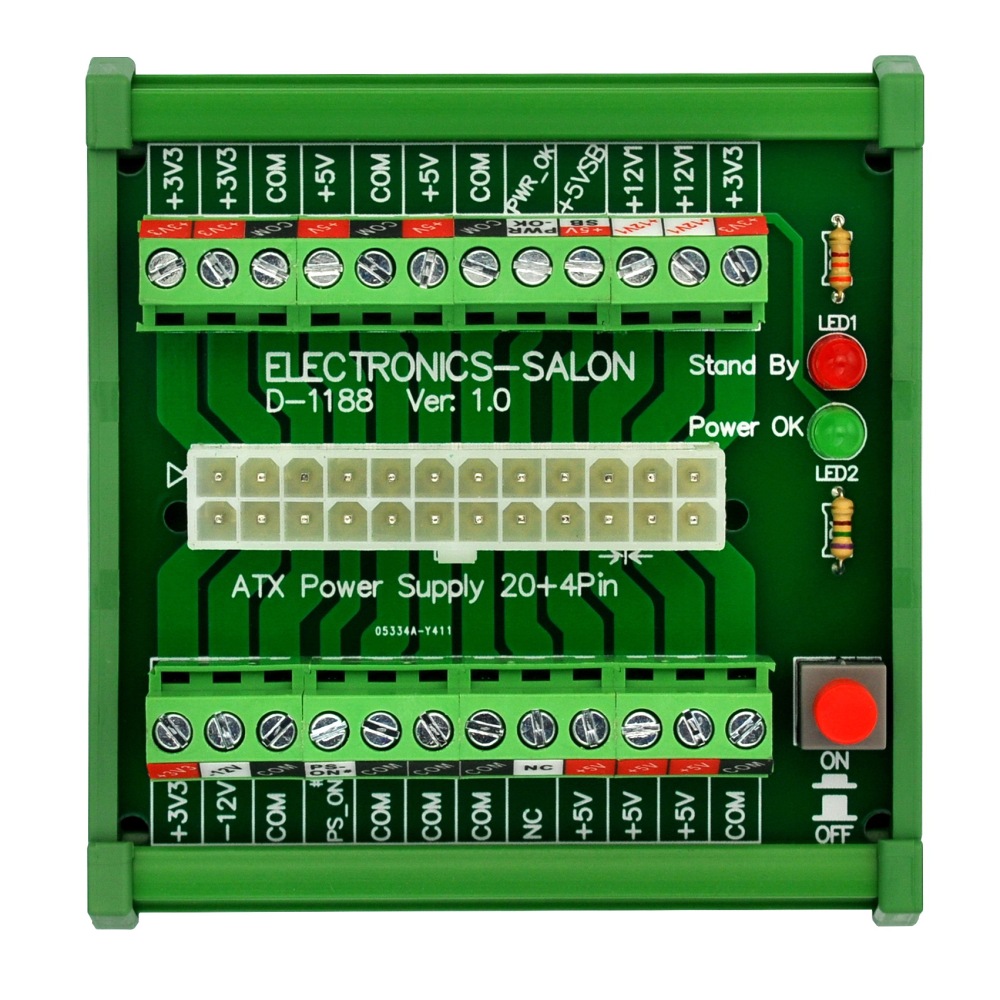 Electronics-Salon DIN Rail Mount 24/20-pins ATX DC Power Supply Breakout Board Module.