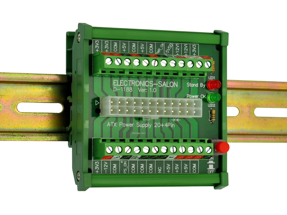 Electronics-Salon DIN Rail Mount 24/20-pins ATX DC Power Supply Breakout Board Module.
