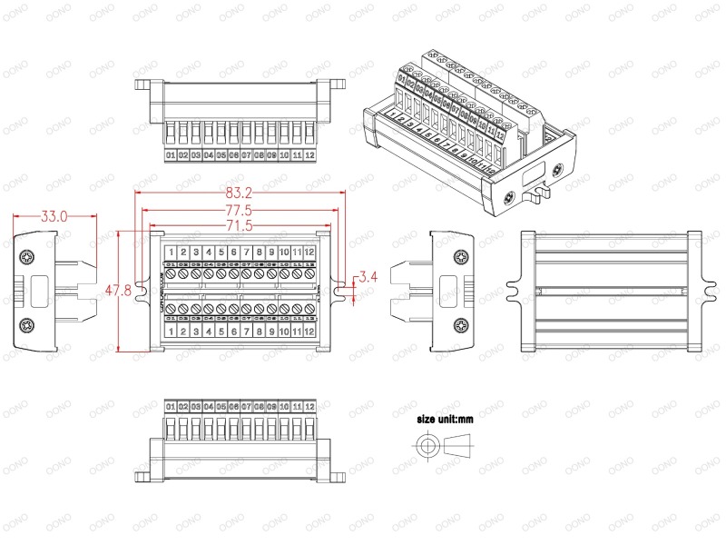 Screw Mount 24A/400V 12 Position Screw Terminal Block Distribution Module