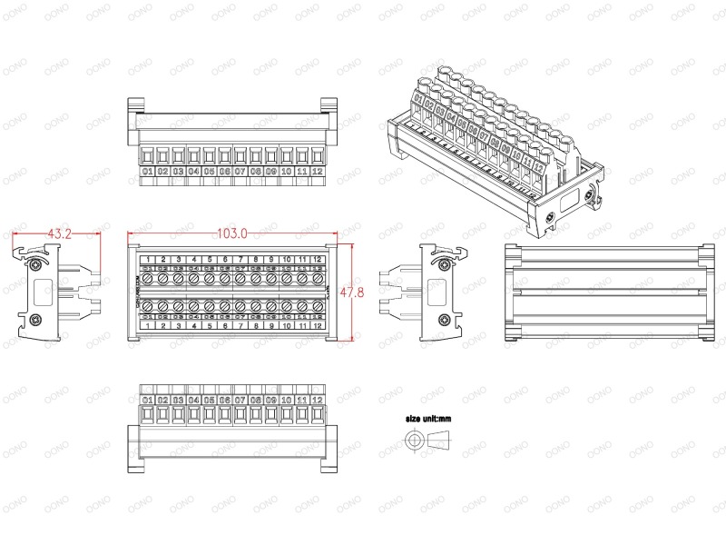 DIN Rail Mount 30A/300V 12 Position Screw Terminal Block Distribution Module