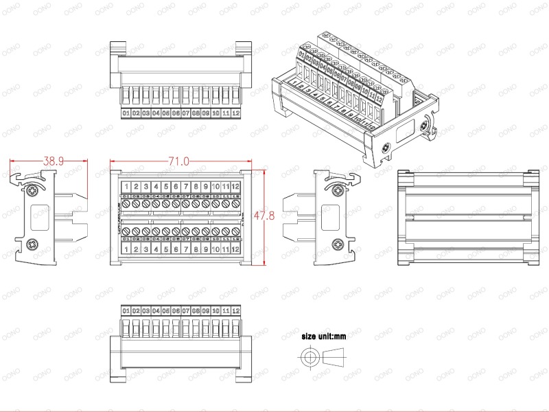 DIN Rail Mount 24A/400V 12 Position Screw Terminal Block Distribution Module