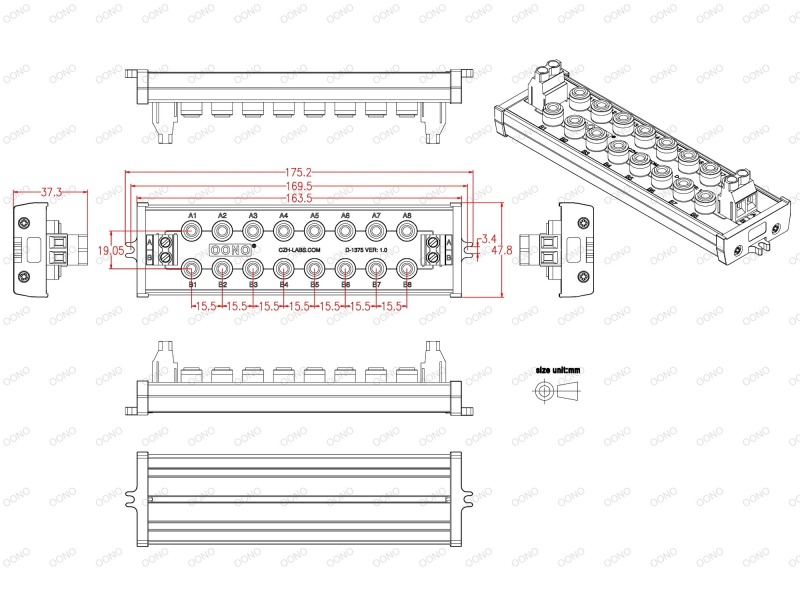 Screw Mount 2 x 8 Position Banana Jack Distribution Module, DC Power Strip