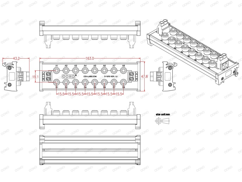 DIN Rail Mount 2 x 8 Position Banana Jack Distribution Module, DC Power Strip