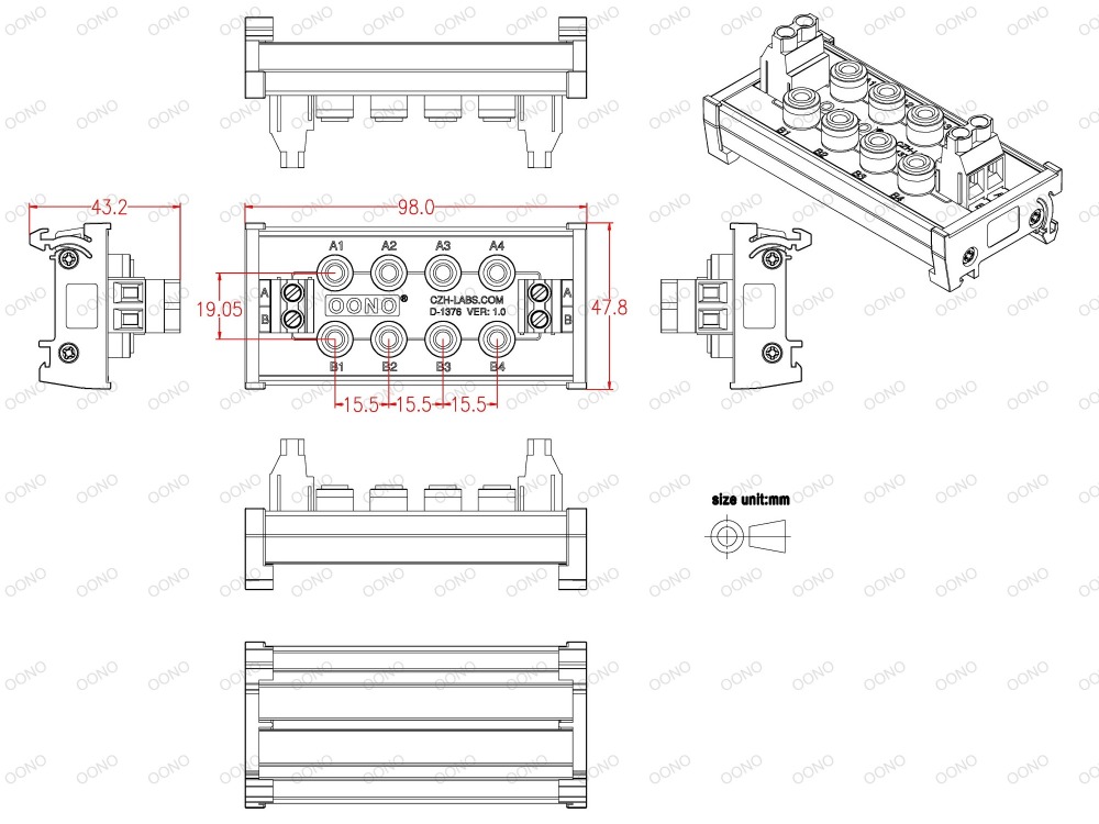 DIN Rail Mount 2 x 4 Position Banana Jack Distribution Module, DC Power Strip