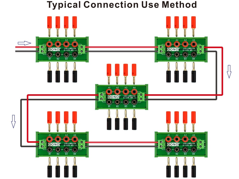Screw Mount 2 x 4 Position Banana Jack Distribution Module, DC Power Strip