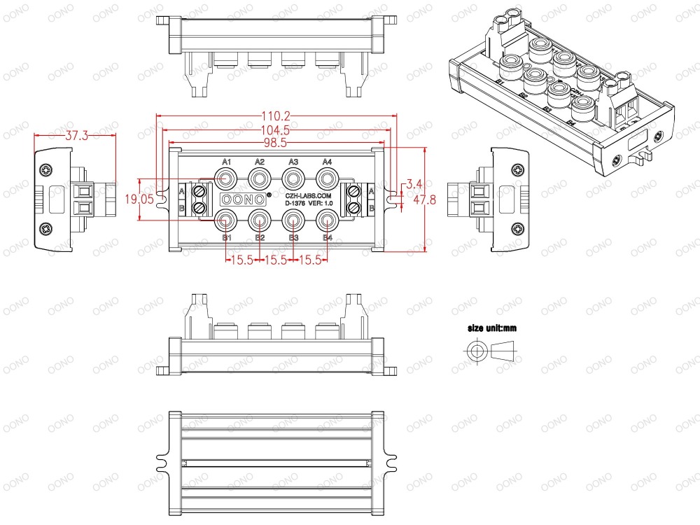 Screw Mount 2 x 4 Position Banana Jack Distribution Module, DC Power Strip