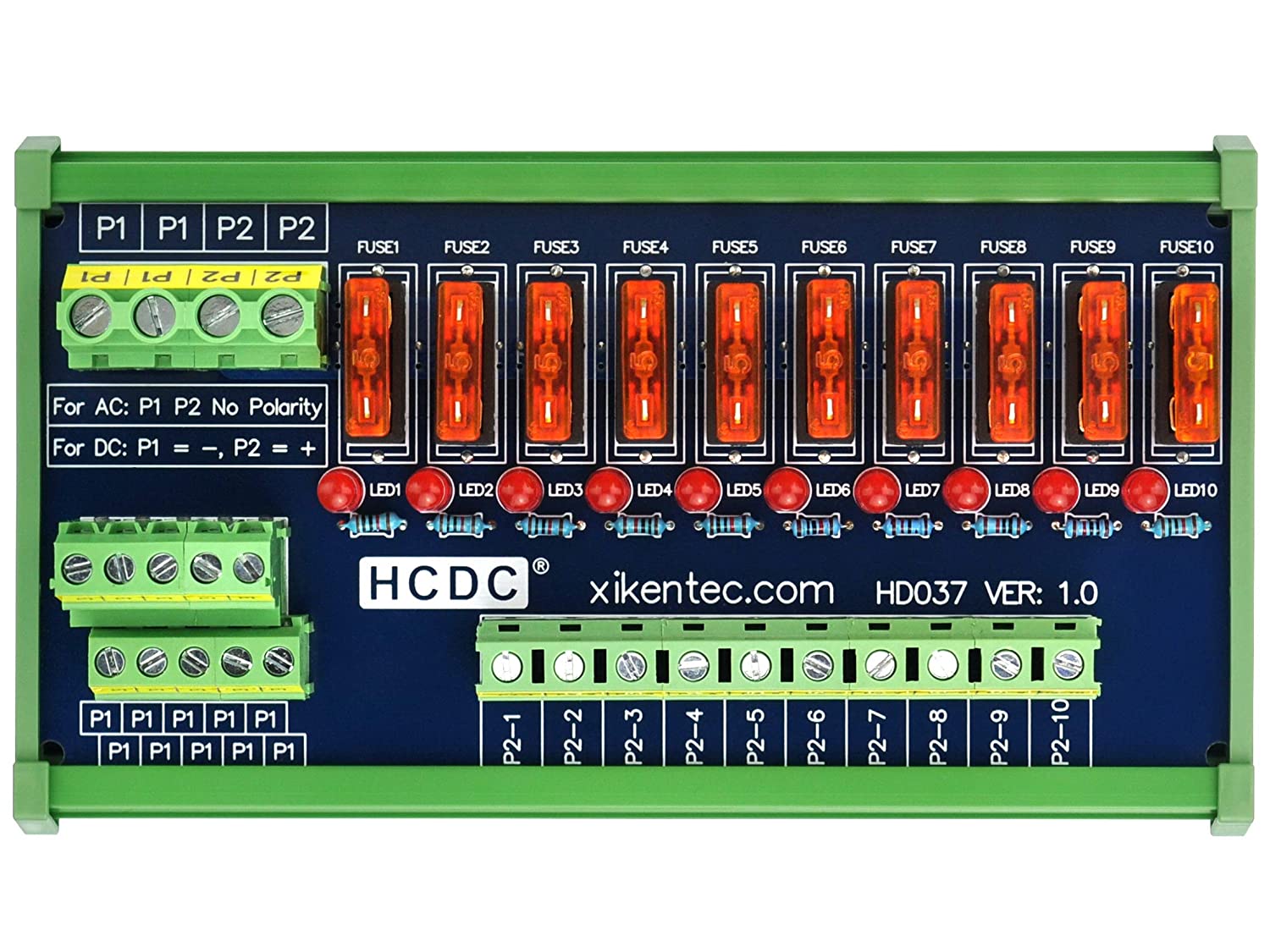 DIN Rail Mount 10 Position Power Distribution Fuse Module, for 5 to 32V