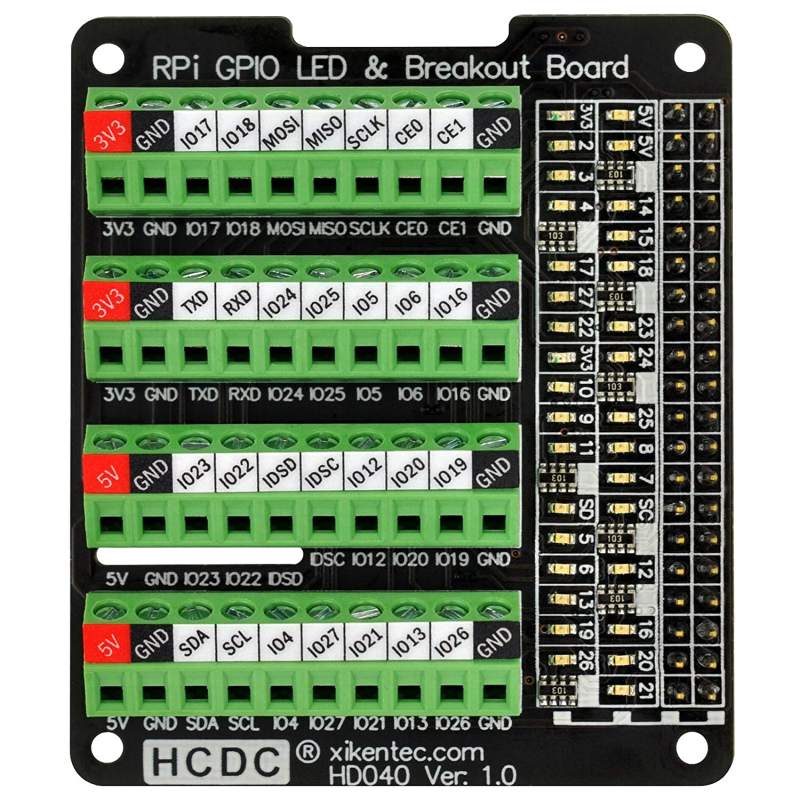 HCDC RPi GPIO Status LED & Terminal Block Breakout Board HAT for ...