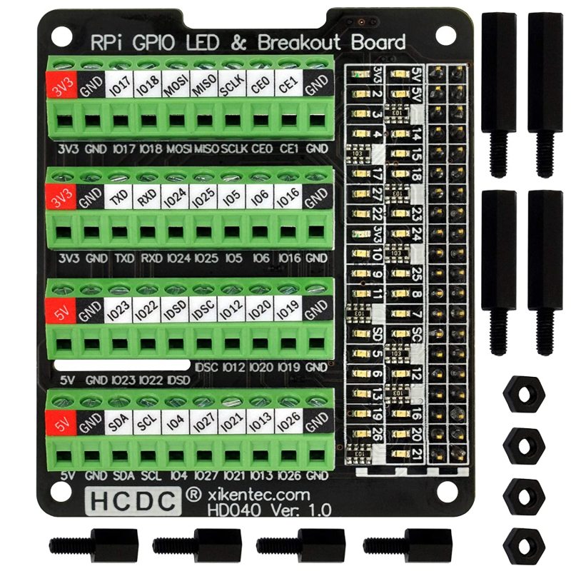 HCDC RPi GPIO Status LED &amp; Terminal Block Breakout Board HAT for Raspberry Pi A+ 3A+ B+ 2B 3B 3B+ 4B