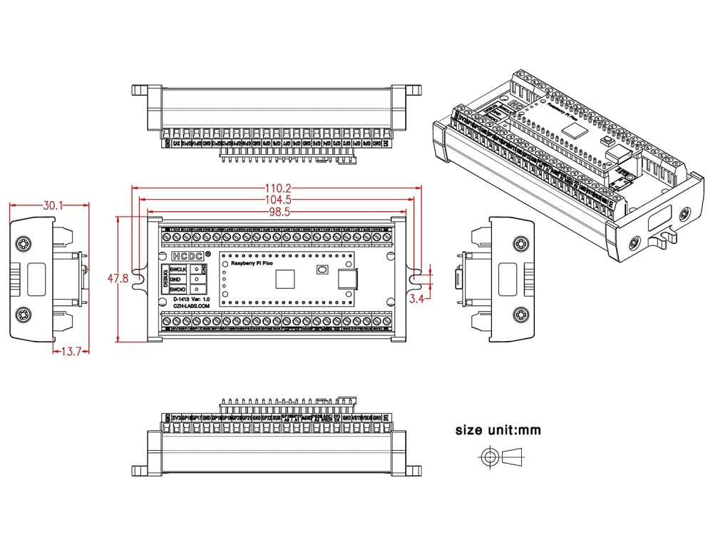 Terminal Block Breakout Module for Raspberry Pi Pico (Screw Mount)