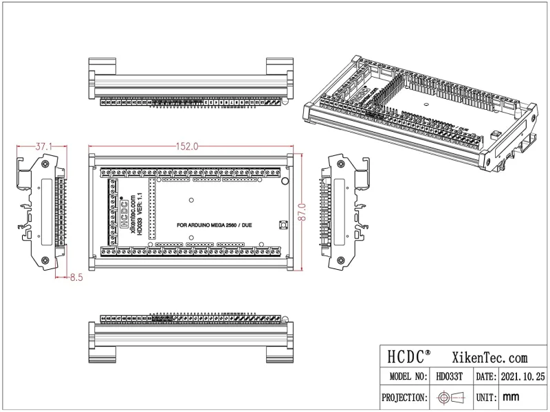 DIN Rail Mount Pinout Breakout Terminal Block Module for Arduino MEGA-2560 R3 / Due
