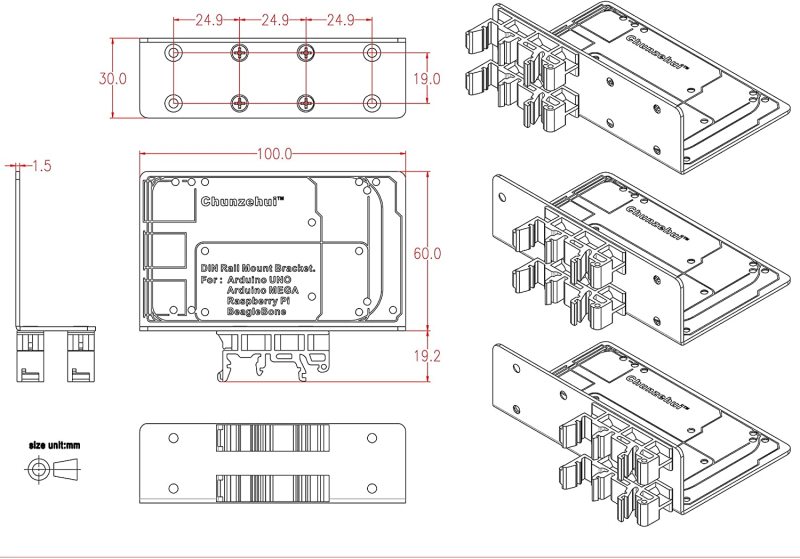 DIN Rail Mount Bracket for Raspberry Pi 1A+ 1B+ 2B 3B 3B+ 4B Zero, UNO Mega-2560 BeagleBone Black