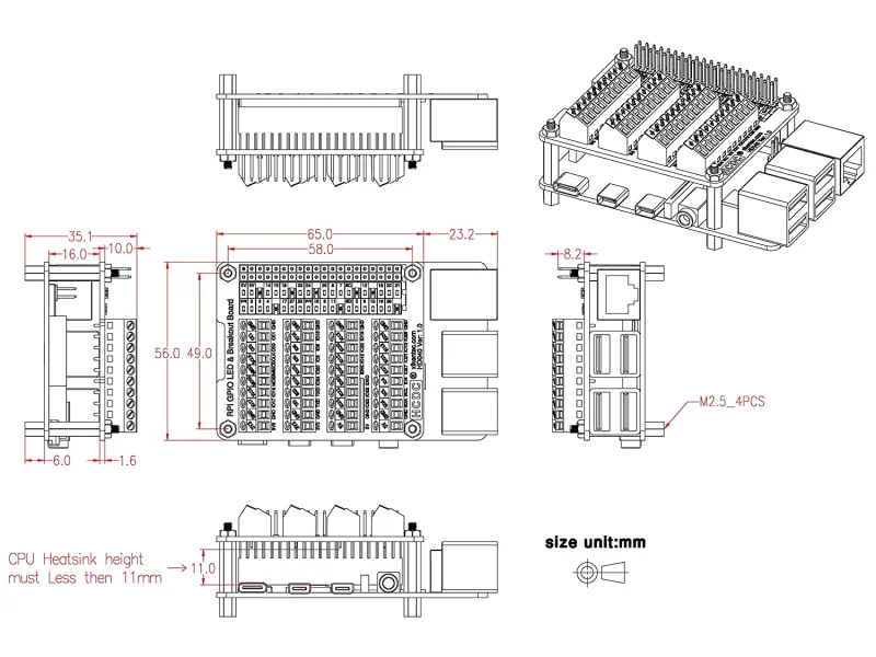 HCDC RPi GPIO Status LED &amp; Terminal Block Breakout Board HAT for Raspberry Pi A+ 3A+ B+ 2B 3B 3B+ 4B