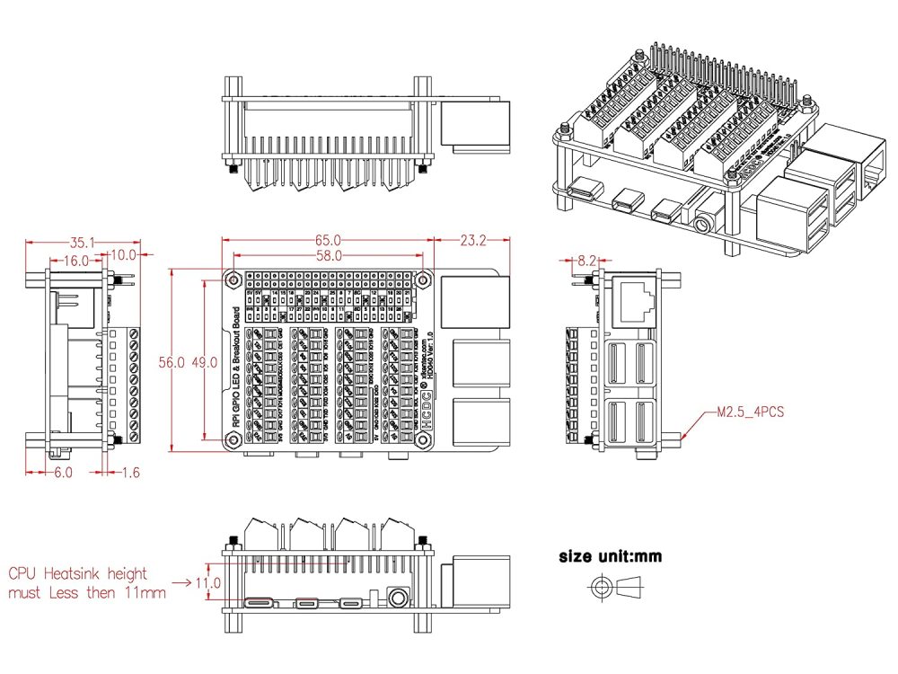 HCDC RPi GPIO Status LED &amp; Terminal Block Breakout Board HAT for Raspberry Pi A+ 3A+ B+ 2B 3B 3B+ 4B