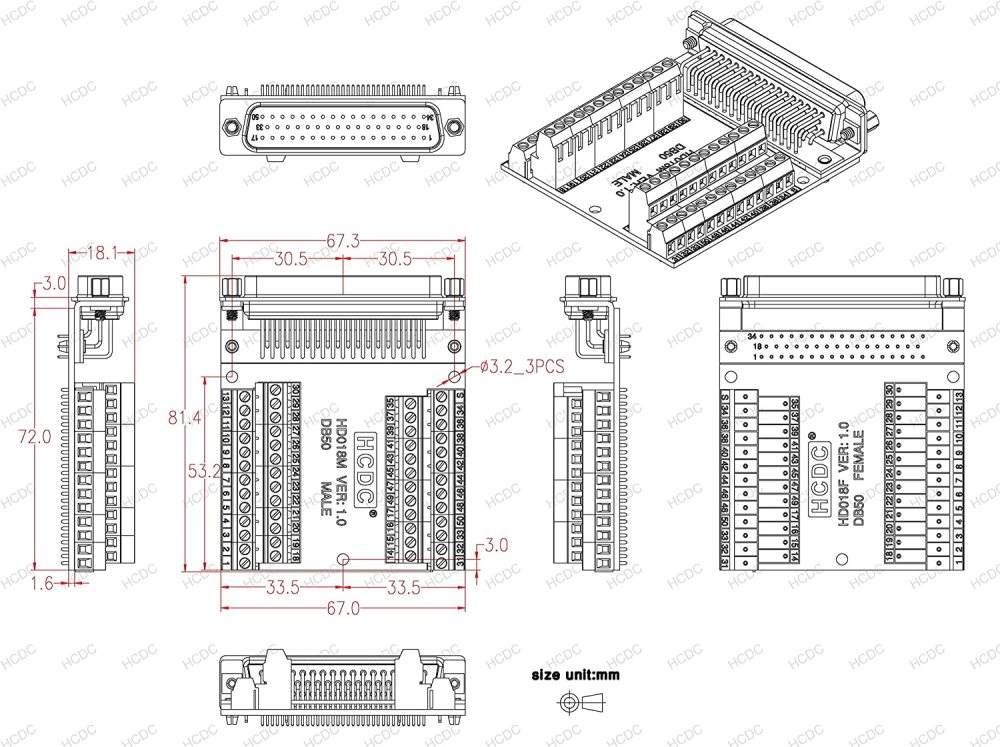 Slim Right Angle D-SUB Header Breakout Board Terminal Block DSUB Connector Module (DB50 Male)
