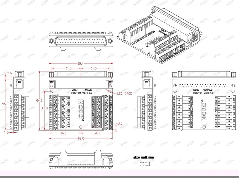 Slim Right Angle D-SUB Header Breakout Board Terminal Block DSUB Connector Module (DB37 Male)