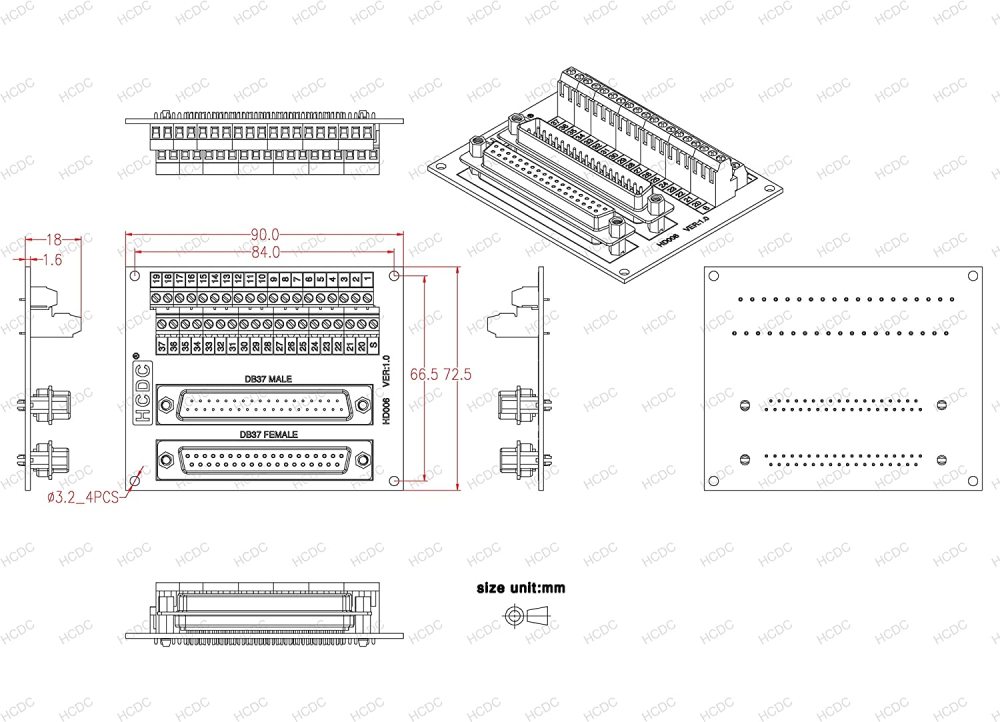 D-SUB Male-Female Breakout Board Terminal Block Interface Module (DB37)