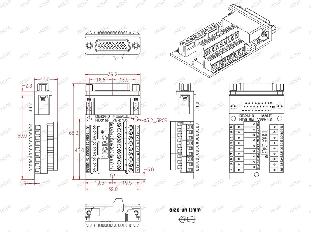 Slim Right Angle D-SUB Header Breakout Board Terminal Block DSUB Connector Module (DB26HD Female)