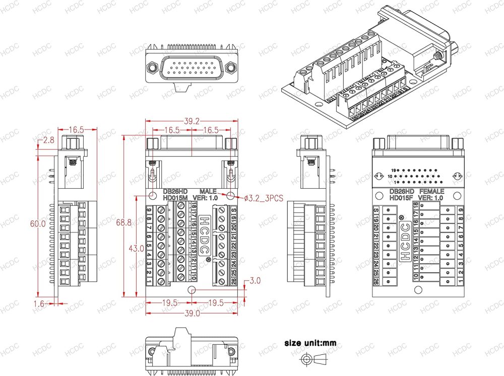 Slim Right Angle D-SUB Header Breakout Board Terminal Block DSUB Connector Module (DB26HD Male)