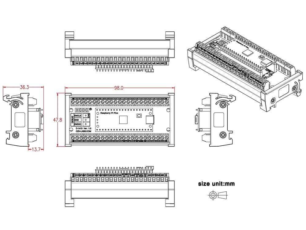 Terminal Block Breakout Module for Raspberry Pi Pico (DIN Rail Mount)