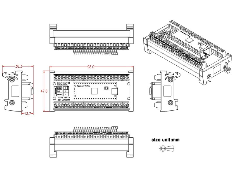 Terminal Block Breakout Module for Raspberry Pi Pico (DIN Rail Mount)