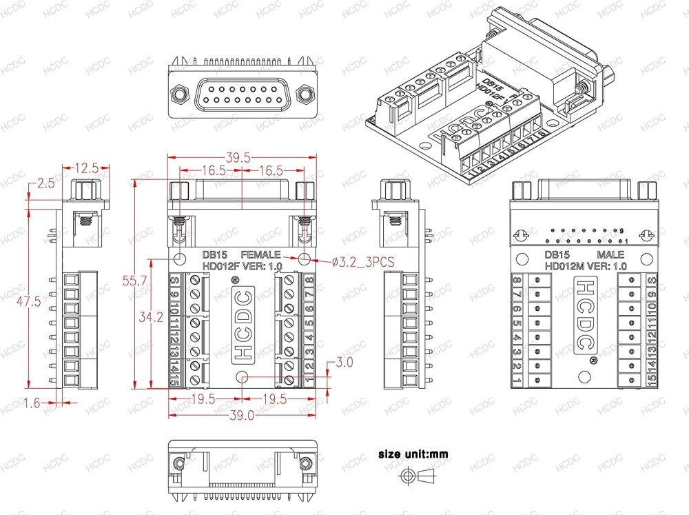 Slim Right Angle D-SUB Header Breakout Board Terminal Block DSUB Connector Module (DB15 Female)