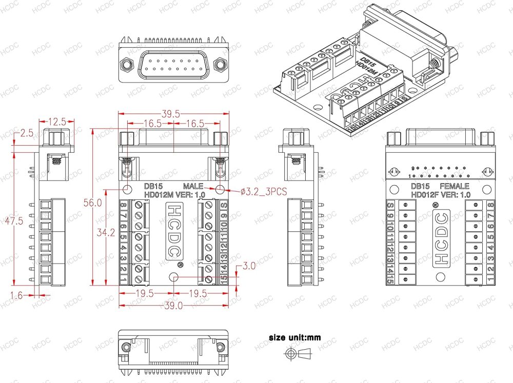 Slim Right Angle D-SUB Header Breakout Board Terminal Block DSUB Connector Module (DB15 Male)