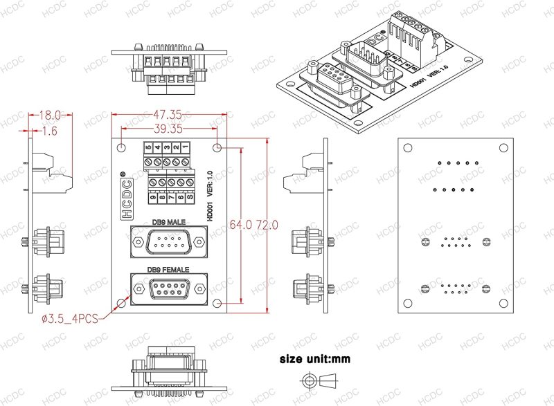 D-SUB Male-Female Breakout Board Terminal Block Interface Module (DB9)