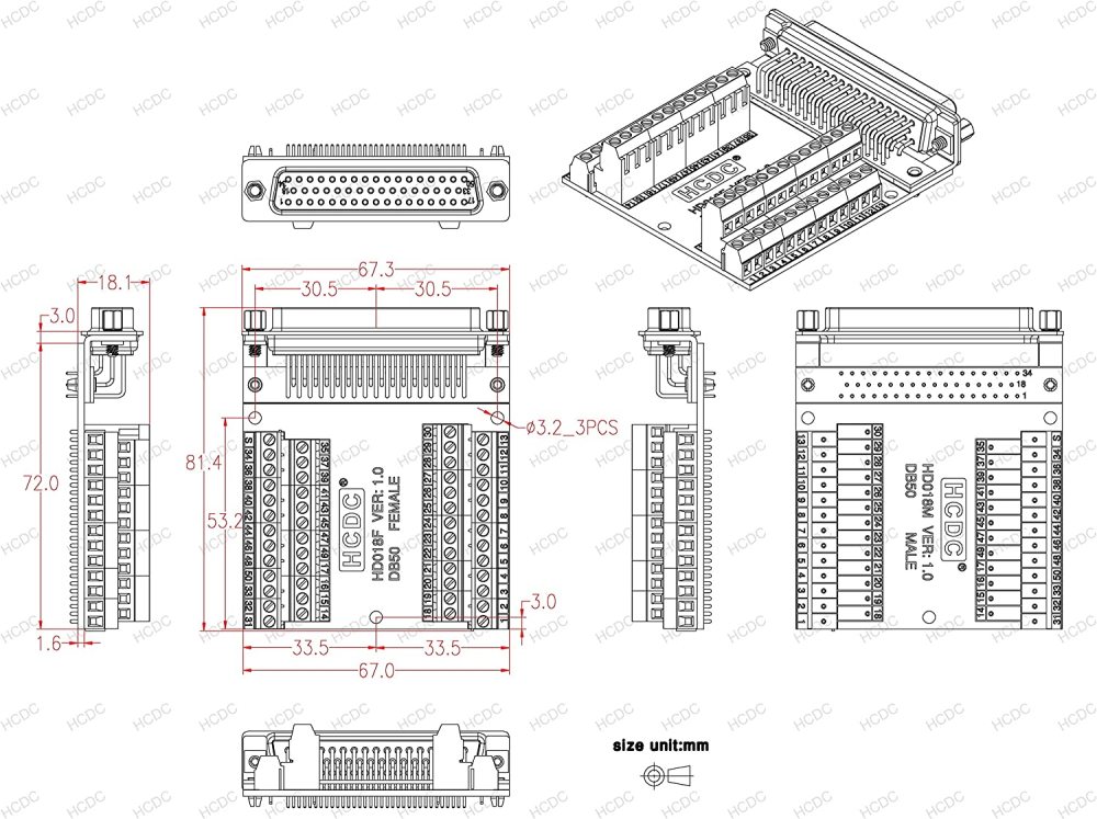 Slim Right Angle D-SUB Header Breakout Board Terminal Block DSUB Connector Module (DB50 Female)