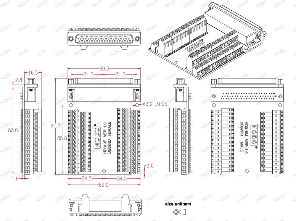 Slim Right Angle D-SUB Header Breakout Board Terminal Block DSUB Connector Module (DB62HD Female)