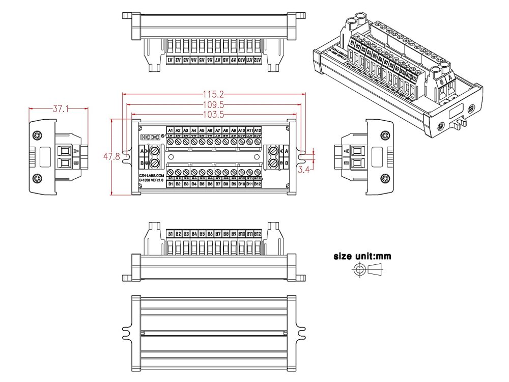 30Amp/300V 2x12 Position Terminal Block Distribution Module (Screw Mount)