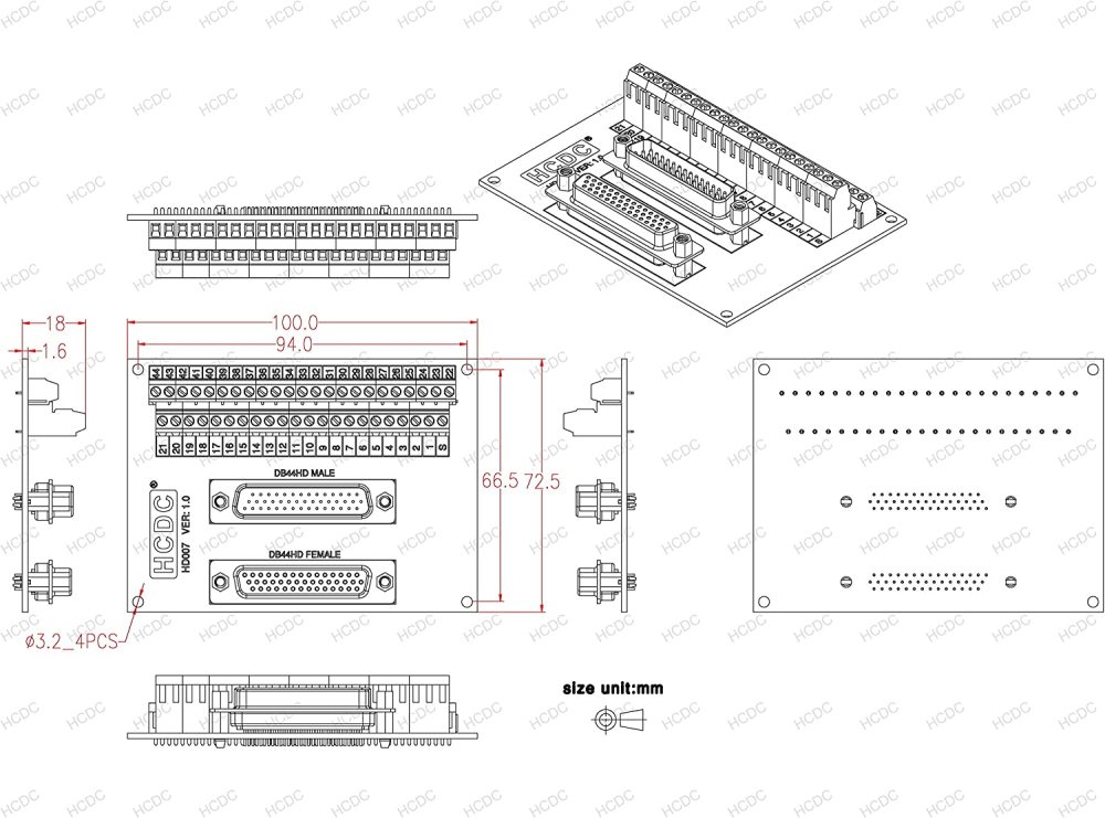 D-SUB Male-Female Breakout Board Terminal Block Interface Module (DB44HD)