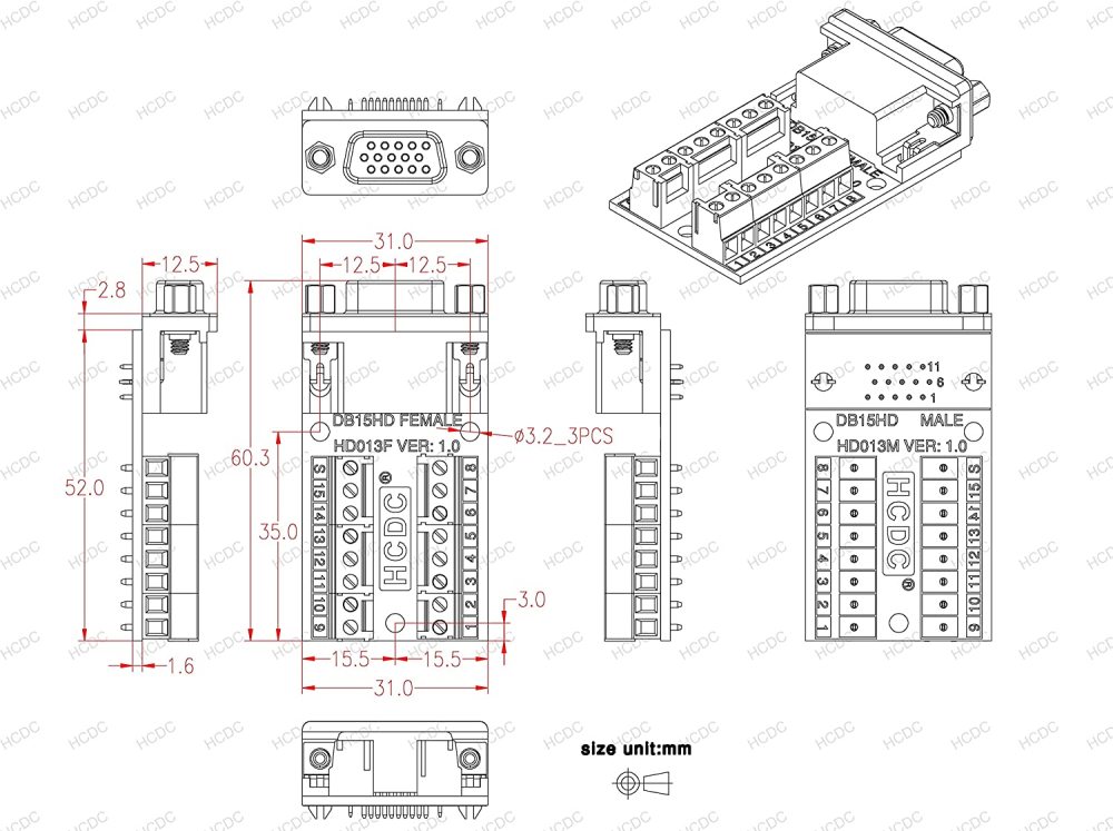 Slim Right Angle D-SUB Header Breakout Board Terminal Block DSUB Connector Module (DB15HD Female)