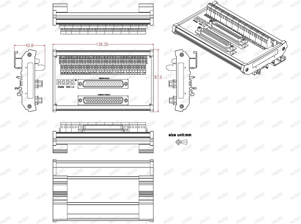 DIN Rail Mount D-SUB Male-Female Interface Module Terminal Block Breakout Board (DB62HD)