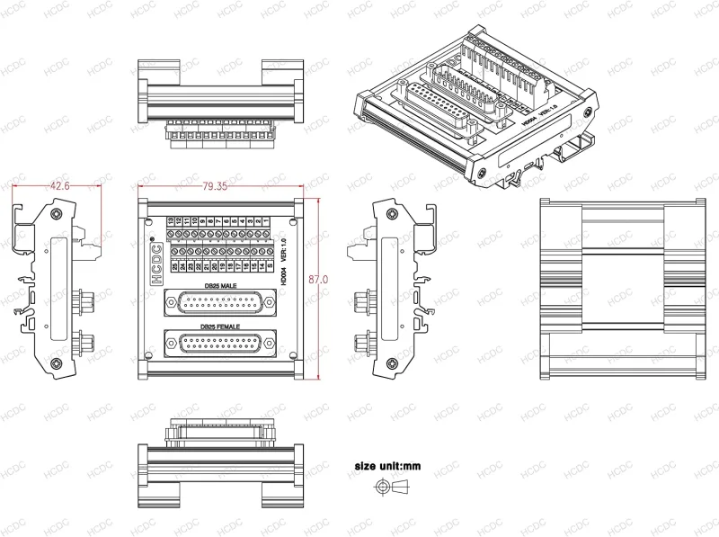 DIN Rail Mount DSUB MaleFemale Interface Module Terminal Block