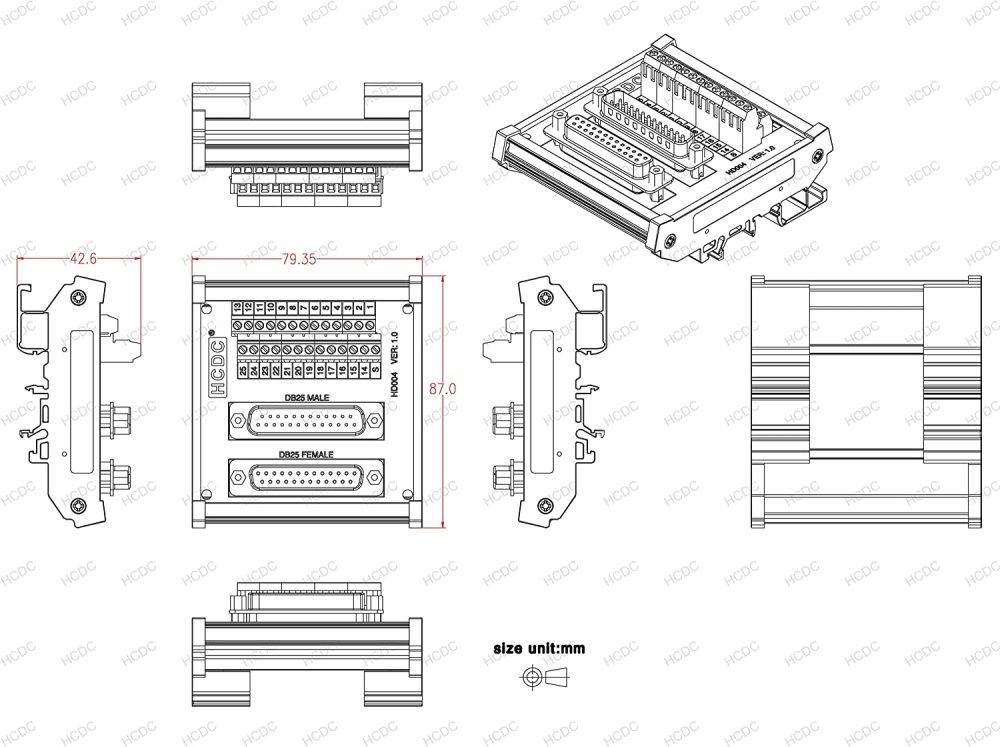 DIN Rail Mount D-SUB Male-Female Interface Module Terminal Block Breakout Board (DB25)