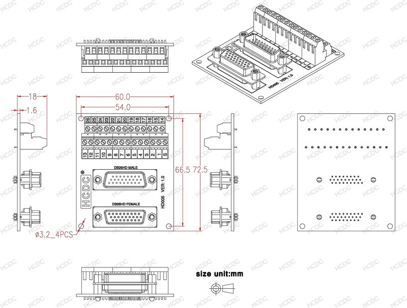 D-SUB Male-Female Breakout Board Terminal Block Interface Module (DB26HD)