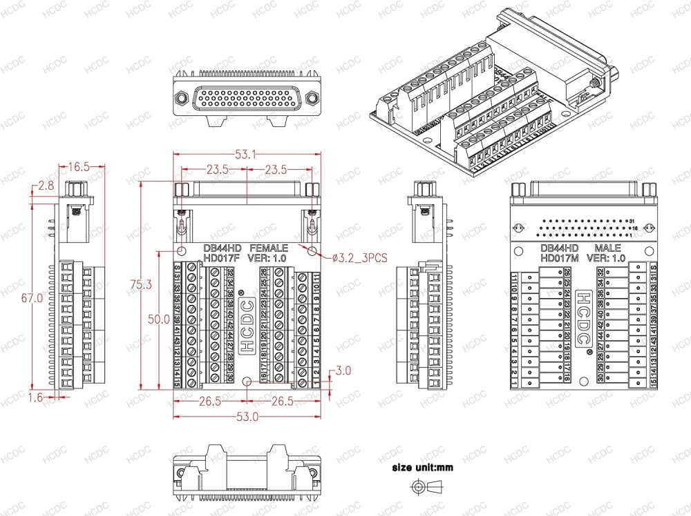 Slim Right Angle D-SUB Header Breakout Board Terminal Block DSUB Connector Module (DB44HD Female)