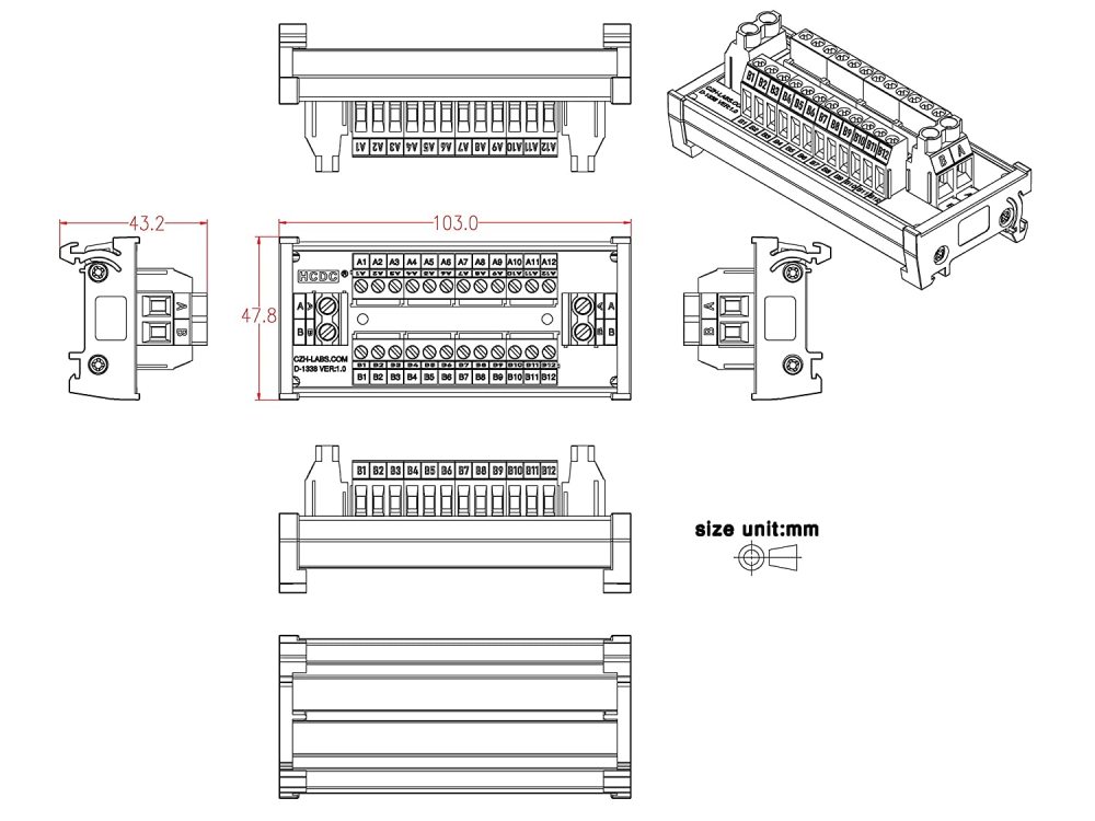 30Amp/300V 2x12 Position Terminal Block Distribution Module (DIN Rail Mount)