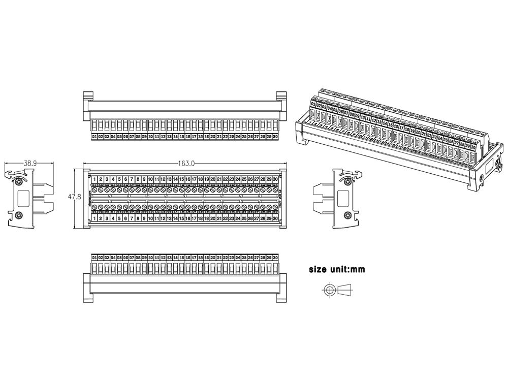 30 Position 24Amp/400V Screw Terminal Block Distribution Module (DIN Rail Mount)