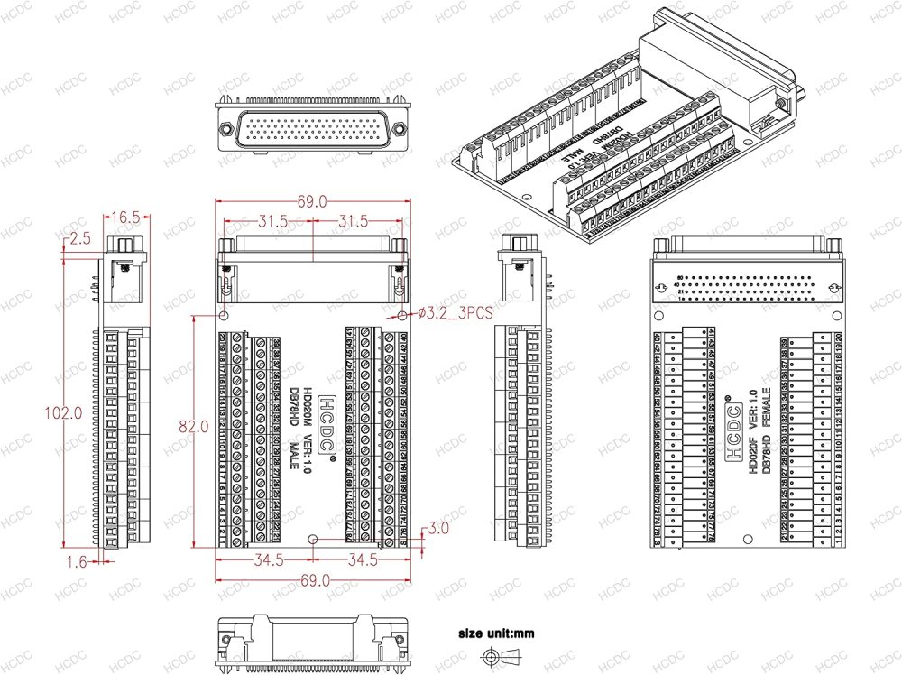 Slim Right Angle D-SUB Header Breakout Board Terminal Block DSUB Connector Module (DB78HD Male)