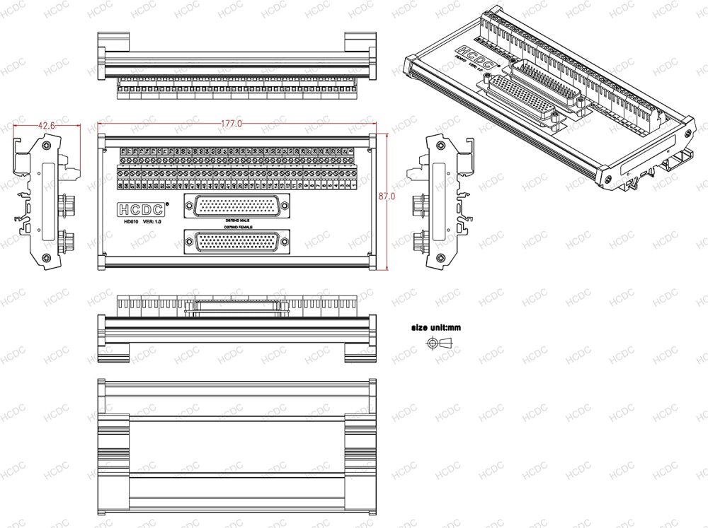 DIN Rail Mount D-SUB Male-Female Interface Module Terminal Block Breakout Board (DB78HD)