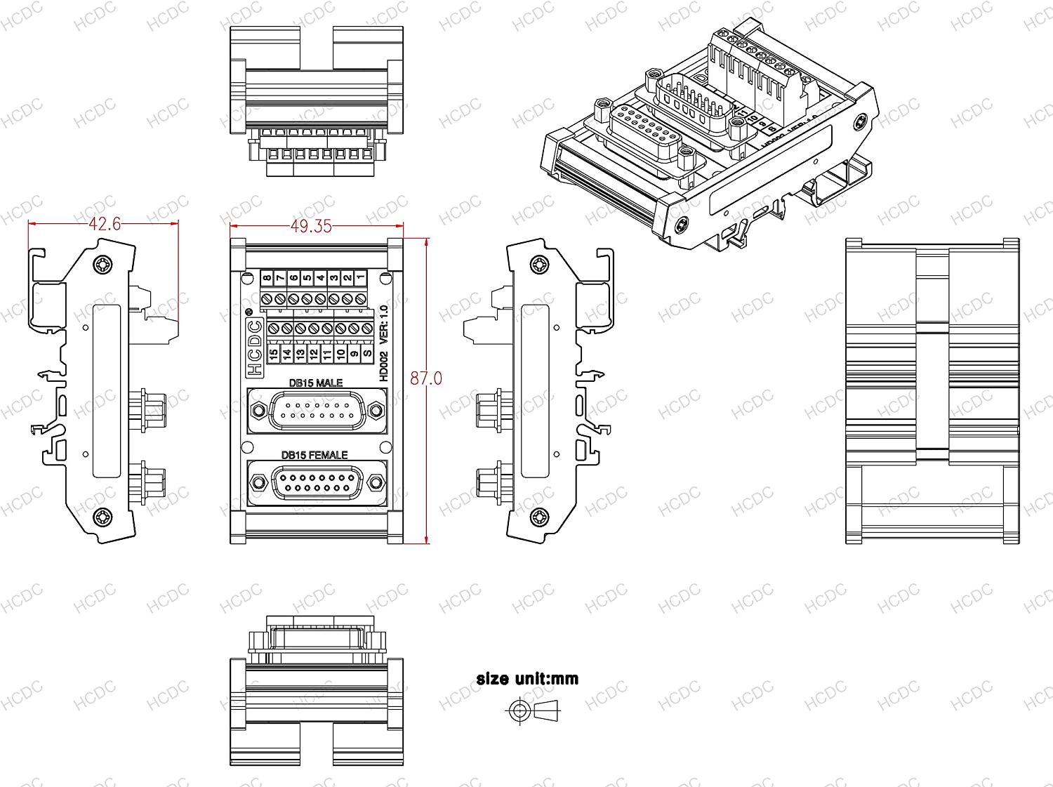 DIN Rail Mount D-SUB Male-Female Interface Module Terminal Block ...