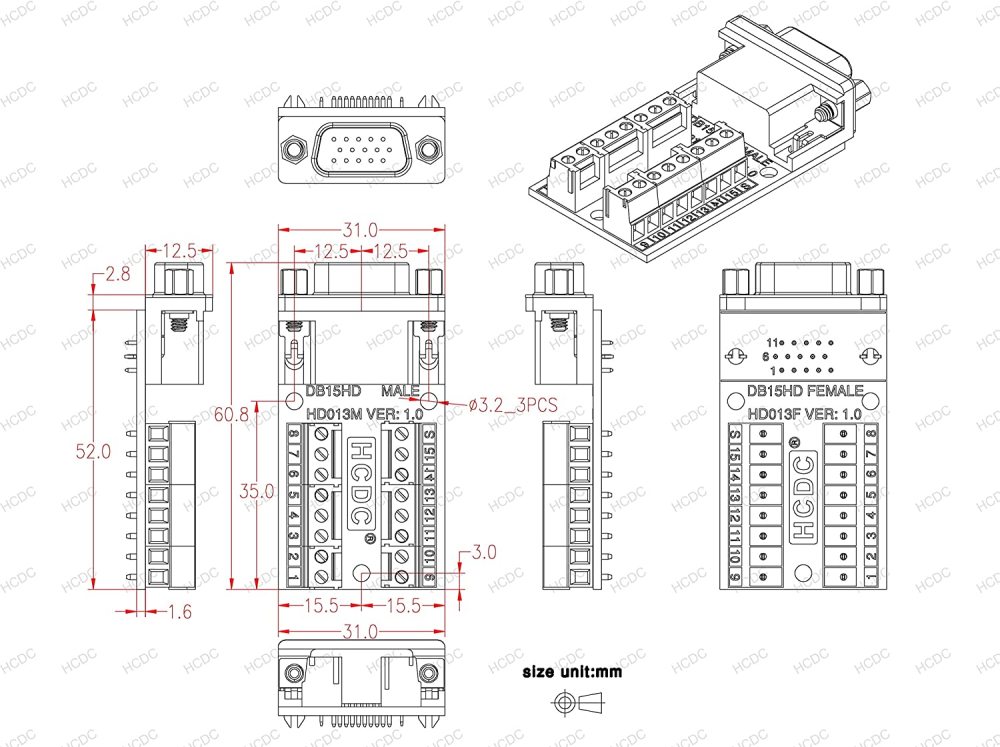 Slim Right Angle D-SUB Header Breakout Board Terminal Block DSUB Connector Module (DB15HD Male)