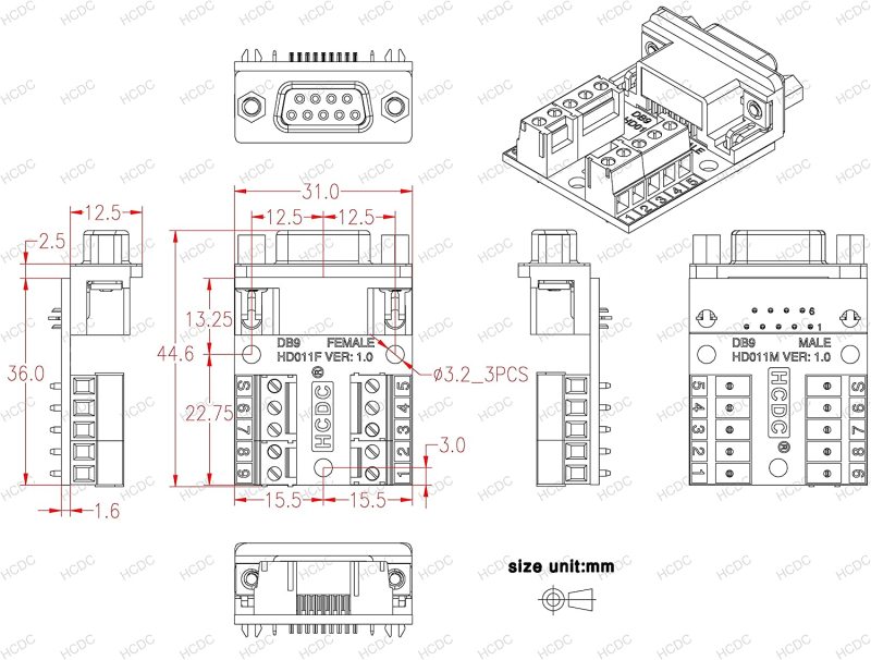 Slim Right Angle D-SUB Header Breakout Board Terminal Block DSUB Connector Module (DB9 Female)