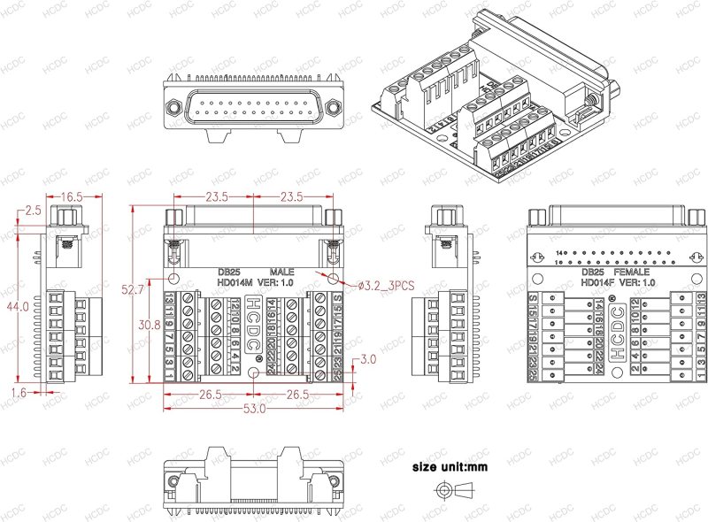 Slim Right Angle D-SUB Header Breakout Board Terminal Block DSUB Connector Module (DB25 Male)