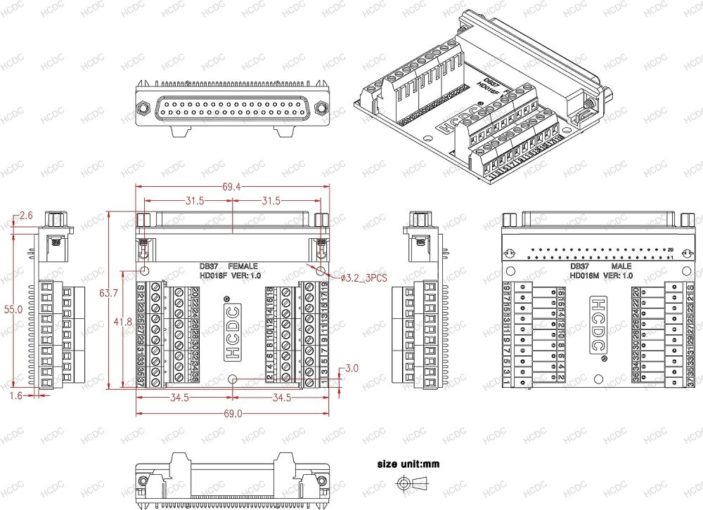 Slim Right Angle D-SUB Header Breakout Board Terminal Block DSUB Connector Module (DB37 Female)