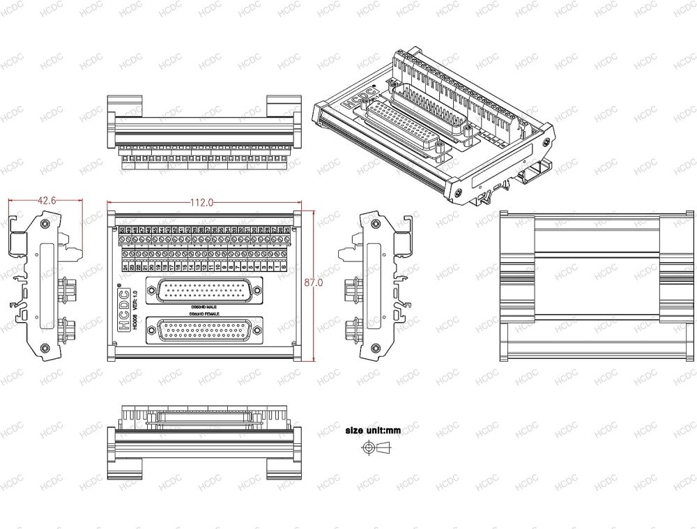 DIN Rail Mount D-SUB Male-Female Interface Module Terminal Block Breakout Board (DB50)