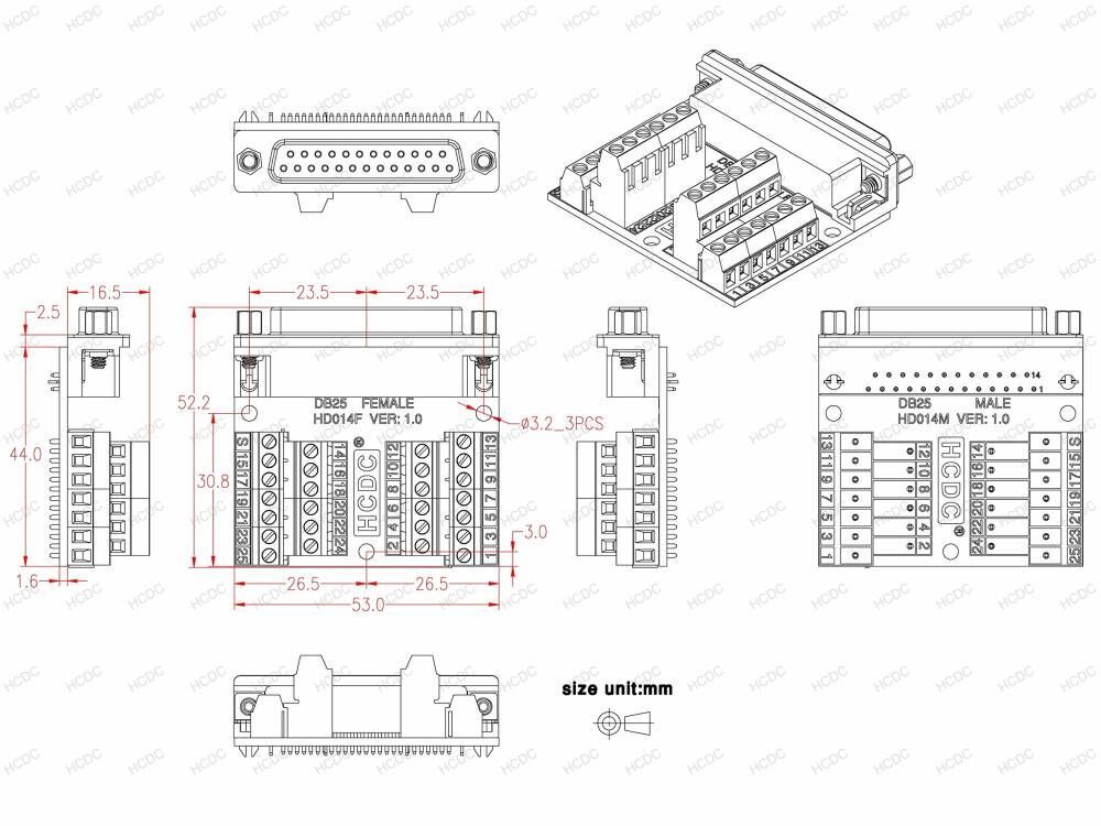 Slim Right Angle D-SUB Header Breakout Board Terminal Block DSUB Connector Module (DB25 Female)